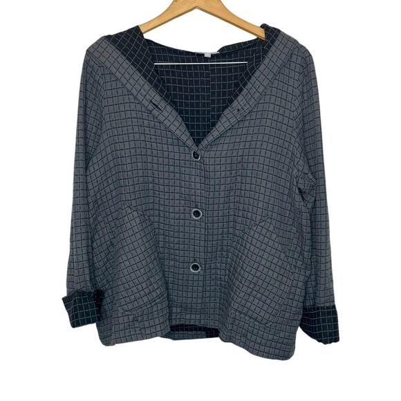 HABITAT Women's L Double Face Windowpane Relaxed Jacket Artsy Lagenlook Gray Blk - Picture 1 of 16